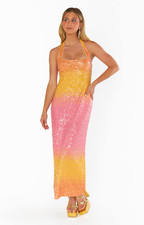 Show Me Your MuMu Sequin Ombre Halter Maxi Dress Lined, Pink/Yellow/Orange M