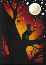 ACEO print of painting RYTA Halloween BLACK CAT MAGIC MOON AUTUMN Folk Art Salem