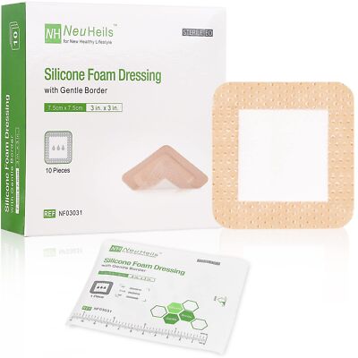 Silicone Adhesive Foam Dressing with Gentle Border 3''x3'' for Bed Sore, 10 P...