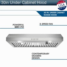 30 inch Kitchen Under Cabinet Range Hood 3-Speed 600CFM Vent w/LEDs Sliver New