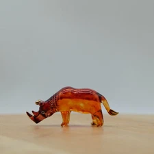 Mini Rhino Figurine Art Glass Hand Blown Brown Wild Animals Pet Collectible Gift