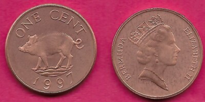 BERMUDA 1 CENT 1997 UNC WILD BOAR,QUEEN ELIZABETH II,CROWNED HEAD RIGHT