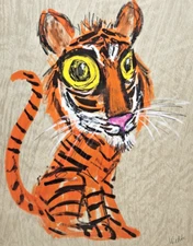 WILD-EYED TIGER Rosalind Welcher signed original art c1960s-70s Panda Prints Inc