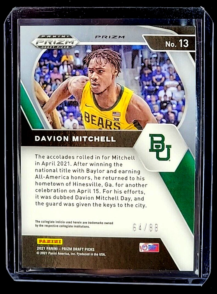 2021 Prizm 选秀红色折射卡 #13 Davion Mitchell /88 RC 新秀卡 — 第 2/4 张图片