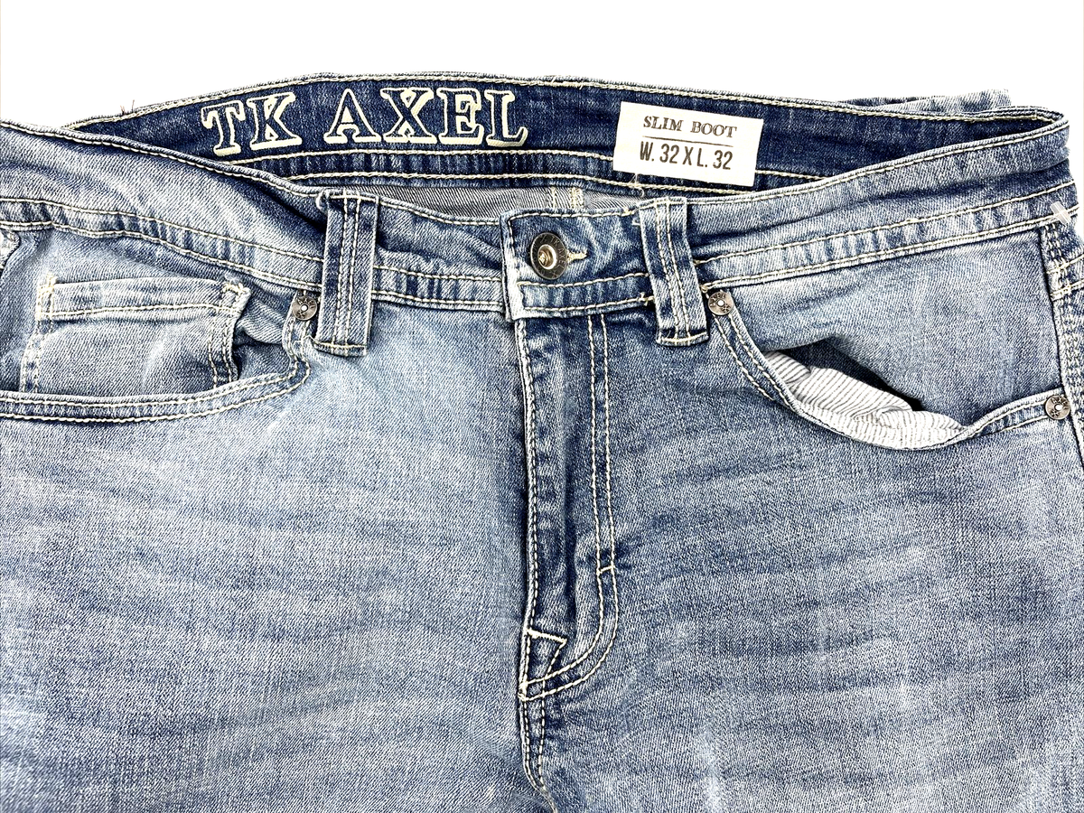 TK AXEL Men's Slim Boot Stretch Distressed Blue Jeans W32 x L32