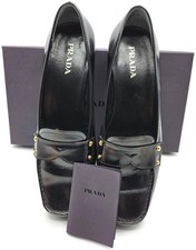 Prada Black Leather Loafer 1D9558 Gold Studs Flats Square Toe Womens Size EU 39