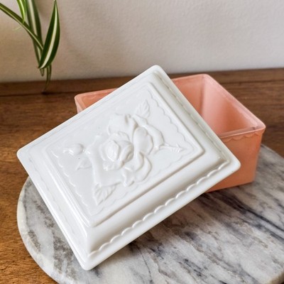 Anchor Hocking Pink Glass Trinket Box Vitrock Milk Glass Rose Lid Vanity Box