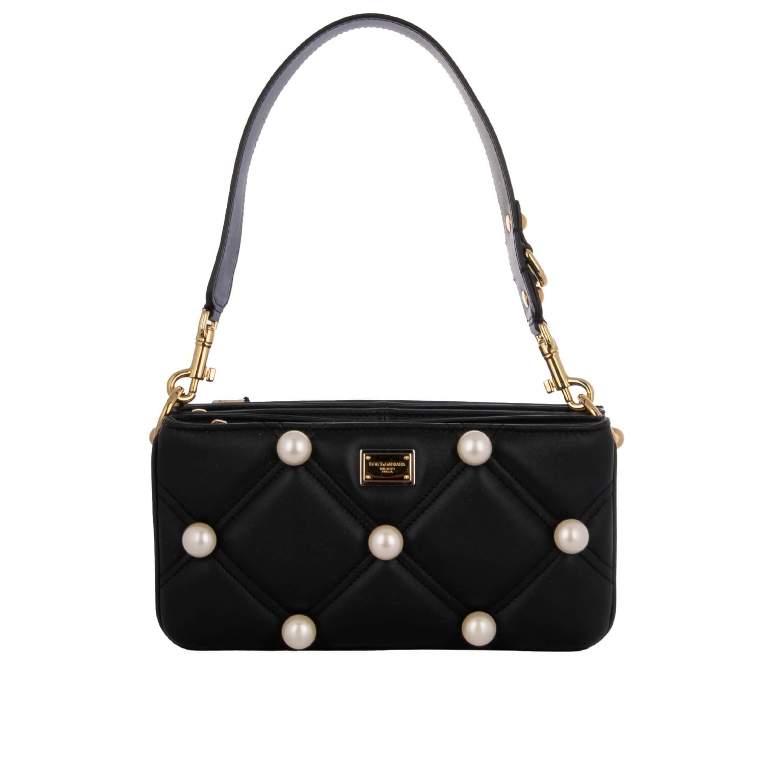 DOLCE & GABBANA Perle DG Metallo Oro Logo Due Cinghie Pelle Borsa Nera