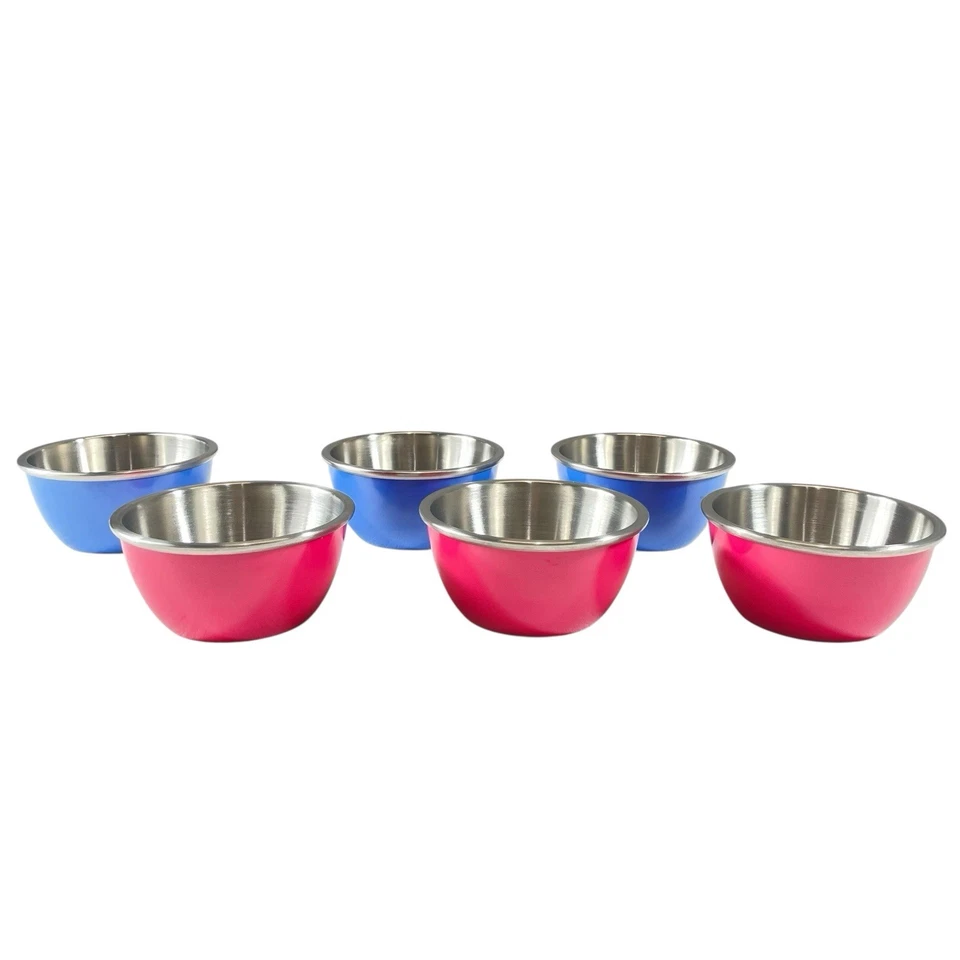 Vtg Crate & Barrel Ice Cream Bowls Stainless Steel Melamine 3 Blue 3 Pink S/6 - Image 3 of 4