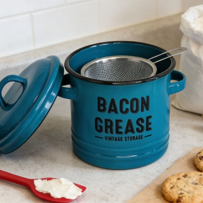 Enamel Bacons Fat Grease Collector Jar with Strainer and Silicone Spatula Tool
