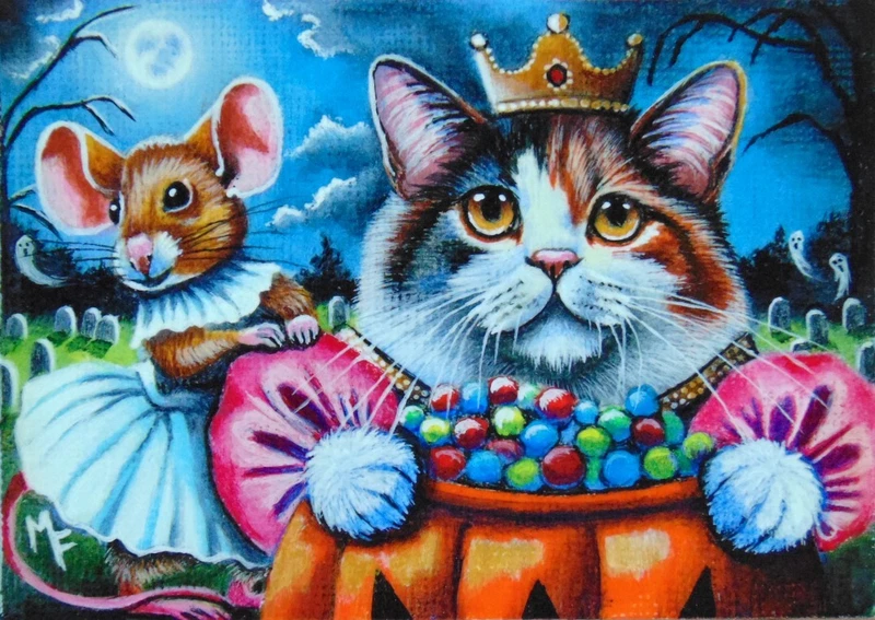 ACEO Original Cat Mouse Halloween Princess Miniature Landscape Painting Art