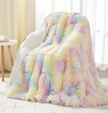 Faux Fur Weighted Blanket 15 Pounds,48"x72" Sherpa Heavy Blanket Throw Rainbow