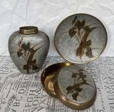 RAR Vintage Set Vase Schale Dose Messing Emaille Schwertlilie Jugendstil Motiv