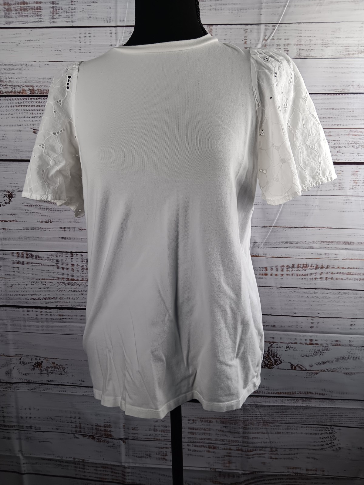 A New Day  Blouse Women's Small White Puff Sleeve Eyelet Pullover Cotton