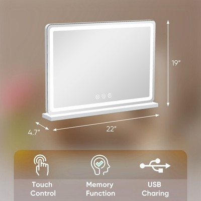 LED Vanity Makeup Mirror,USB Charging,Dimmable 3 Color Lights,Memory Function