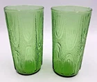 2 VTG Anchor Hocking Hickory Green Wood Grain Design MCM Tumbler Glass EUC