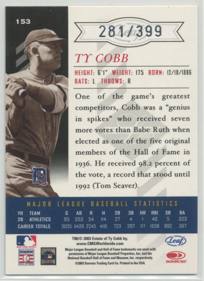 Ty Cobb 2003 Leaf Limited /399 #153 Detroit Tigers - Image 2 of 2