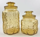 Federal Glass Sun Gold Amber Canister Jar Set Pair 2 Piece Atterbury Scroll Vtg