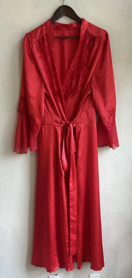 Vintage Intimate Attitudes Red Satin Maxi Robe Plus 3X 4X Sexy Vamp Bell Lace - Image 2 of 4