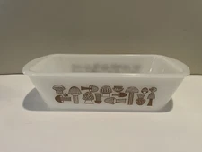 Vintage Glassbake Rectangular Milk Glass Mushroom Print 522 Loaf Pan RARE