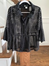 Black Lightweight Open Weave Jacket W/ruffles Size Large Euc!