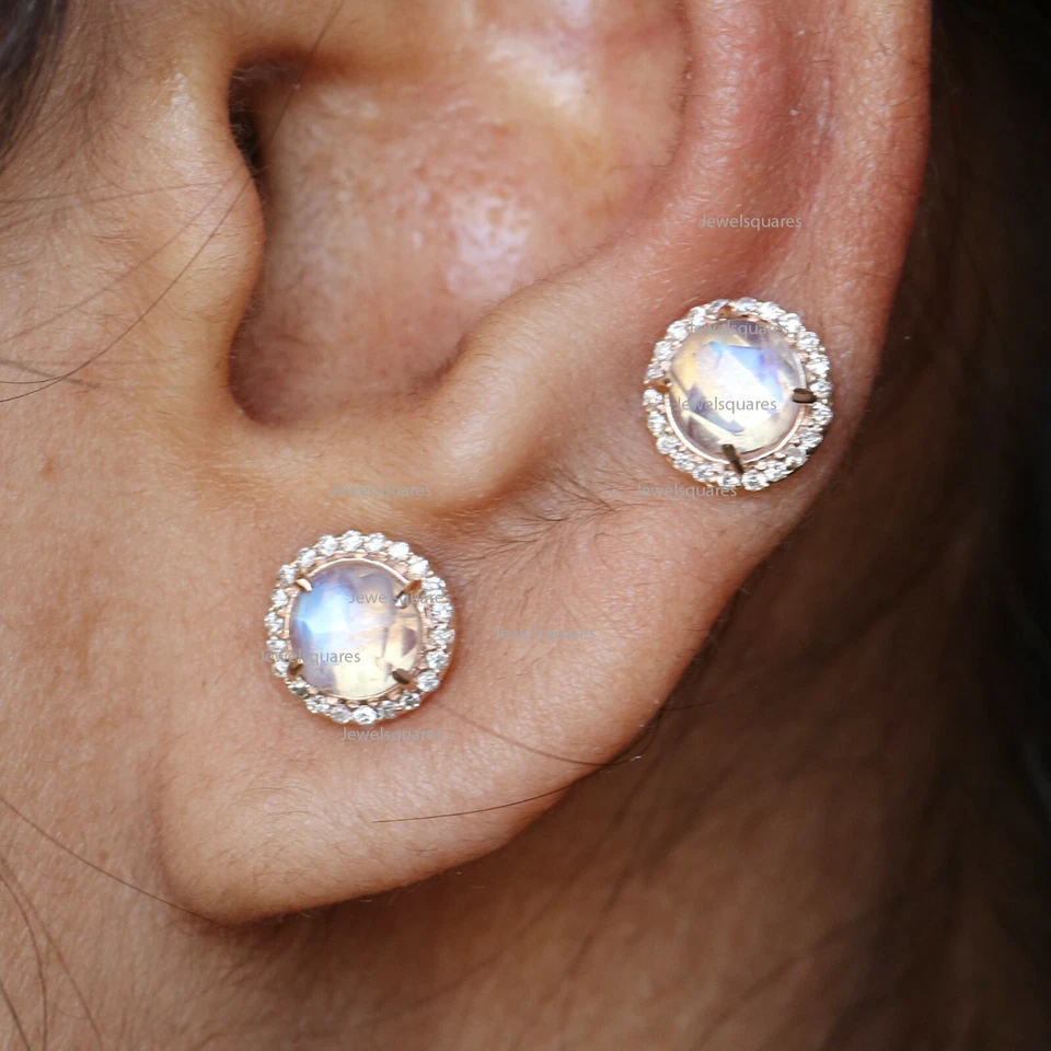 New 14k Yellow Gold Rainbow Moonstone & Real Diamond Halo Tiny Studs Earrings - Image 3 of 4