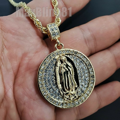 Gold Plated Cubic Zirconia Guadalupe Virgin Mary Charm & 24" Rope Chain Necklace - Afbeelding 5 van 10