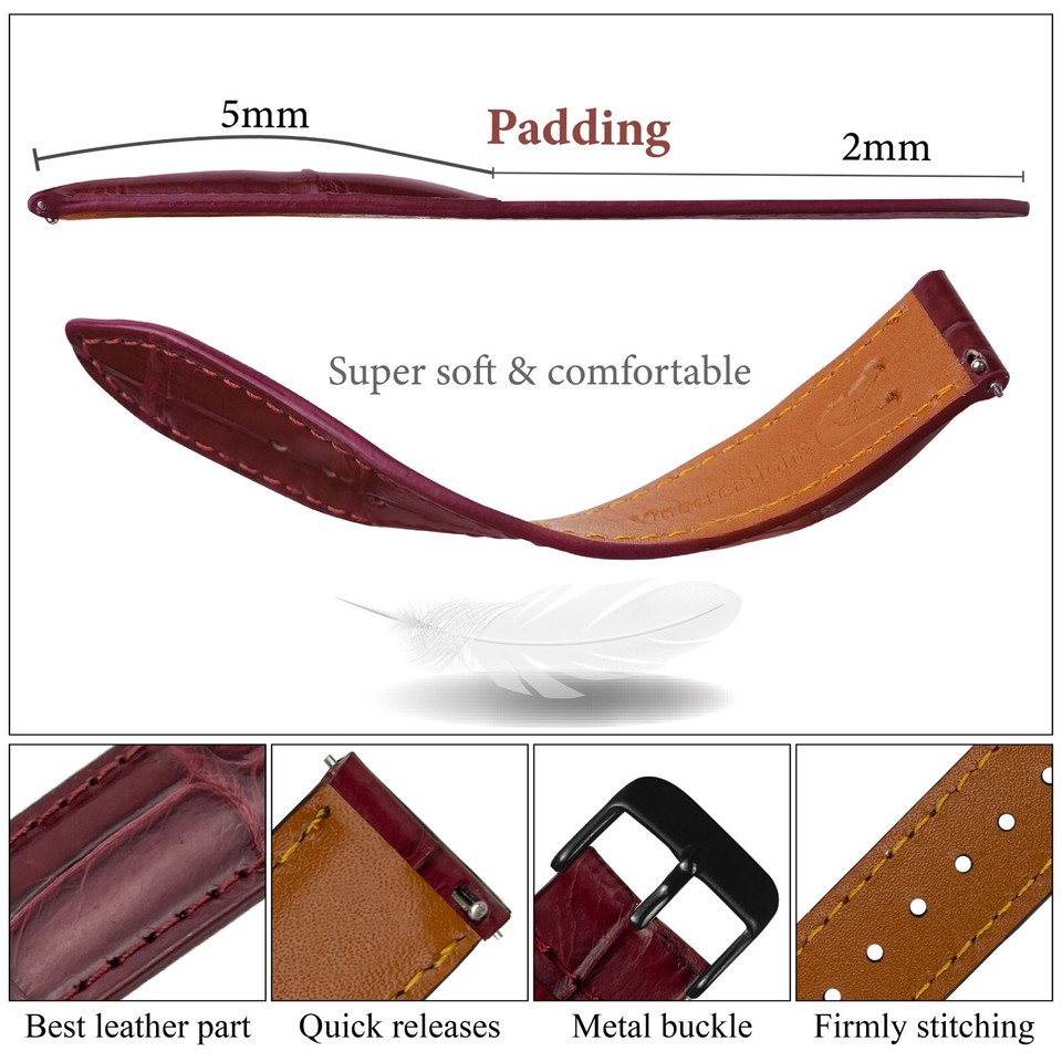 20mm Burgundy Leather Watch Strap Men Real Crocodile Watch Band Black