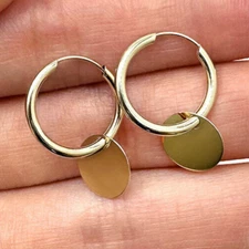 14K Gold Drop Circle Disc Endless Hoop Earrings