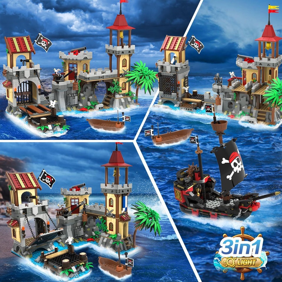 1502 PCS Pirate Castle Building Set, 3 Modes Big Pirates Ship Bay ...