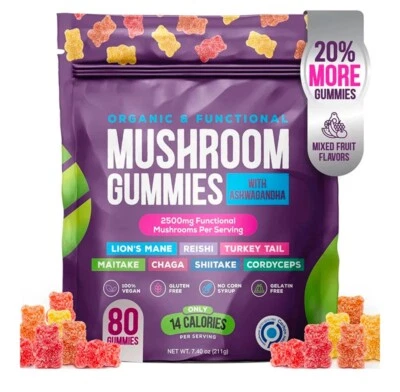 REFUELED Mushroom Gummies 2500mg 80 with Lion's Mane Ashwaghanda Brain and Nervous System