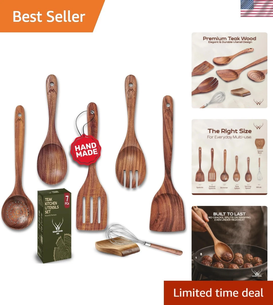 Teak Wooden Kitchen Utensils – Handcrafted Wooden Cooking Utensils Set with H...