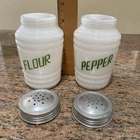 Pair Vintage HAZEL ATLAS Milk Glass Beehive FLOUR PEPPER Shakers Green Letters