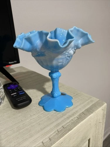 Rare Fenton Blue Marble Cabbage Rose Compote Great Condition No Chips No Cracks.