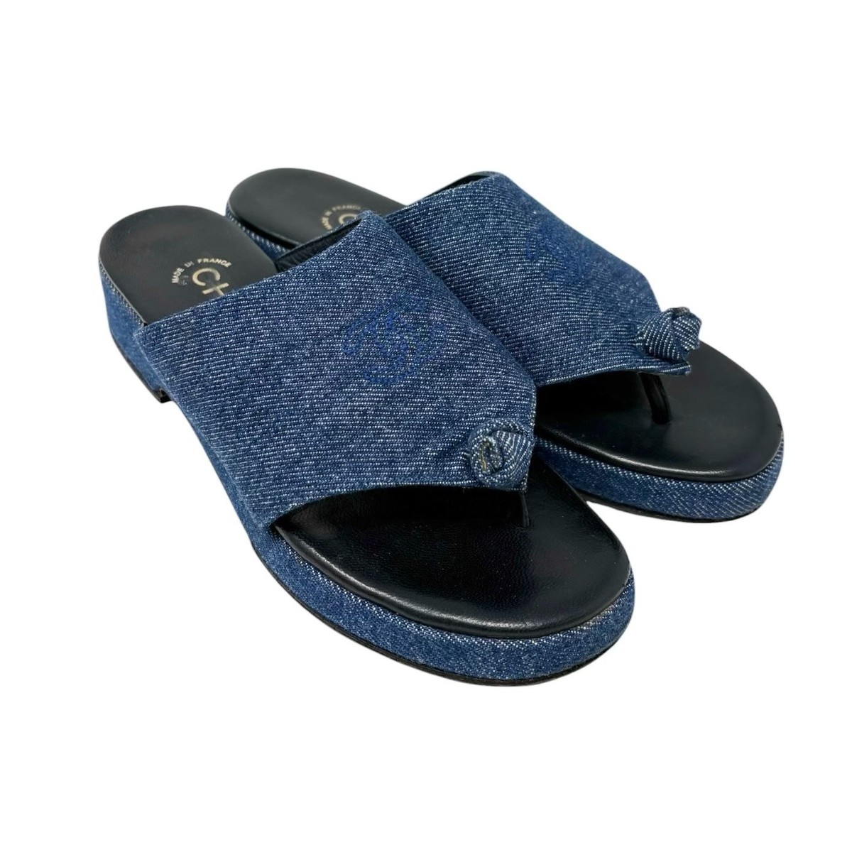 CHANEL Vintage CC Stitch Logo Thong Denim Sandals #37 Blue Black