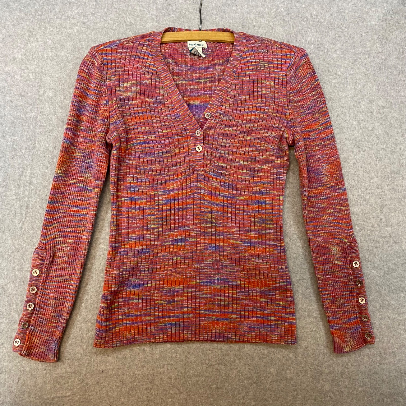 Sundance Small Pink Multicolor Ribbed Spacedye Knit Henley Long Sleeve ...