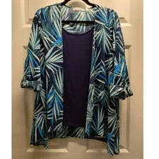 Notations Women's Size Large Blue Palm Tree Roll-Tab Sleeves Tropical Blouse