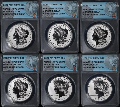 2022 Fiji Morgan & Peace Dollar Privy Mark 6-Coin Set ANACS Rev PF70 1st - ST...