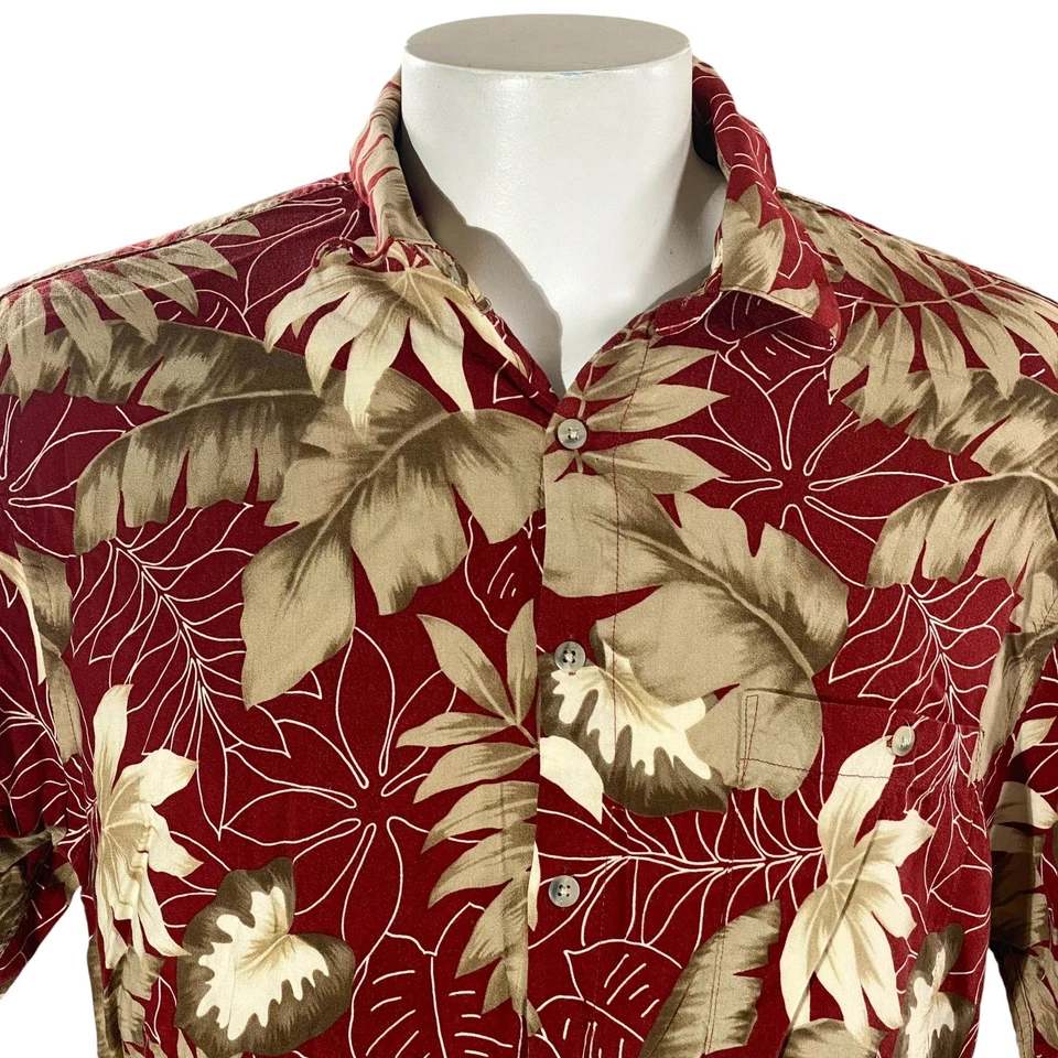 Camisa Aloha Van Heusen Grande Con Hojas Tropicales Florales Rojas Y Doradas - Imagen 2 de 4