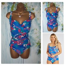 NEW Bonmarche Blue Coral Tropical Floral Swimsuit Size 24 Tummy Control Ruched