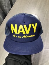 Vintage Trucker Hat Cap Snap On “ Navy Its An Adventure “ Made In USA Blue