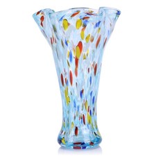 9.1H Murano Hand Blown Glass Vase, Ruffled Scalloped Rim Trumpet Shape, Wide ...