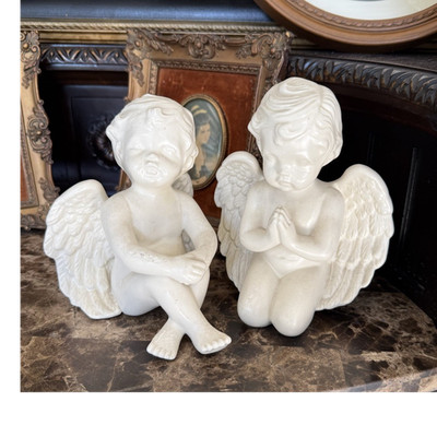 Set of 2 Vintage White Ceramic Cherub Angel Figurines, Free Standing