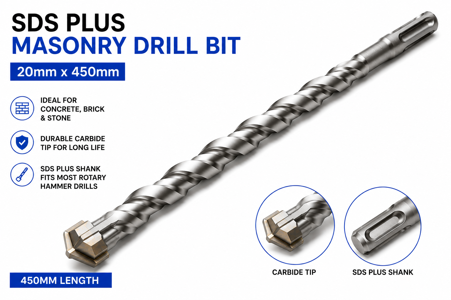 SDS Plus Masonry Drill Bit 20mm x 450mm Long Concrete Brick Stone