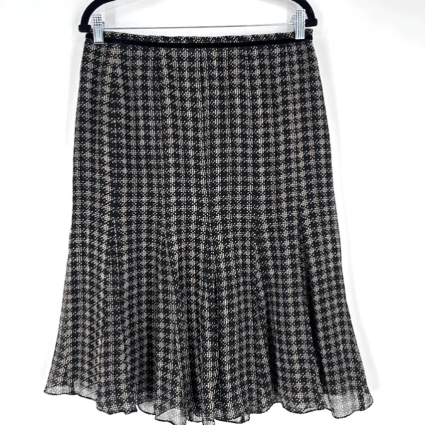 Vintage Y2K Anne Klein Silk Houndstooth Black Knee Length Skirt Size 10 Witchy - Image 2 of 4
