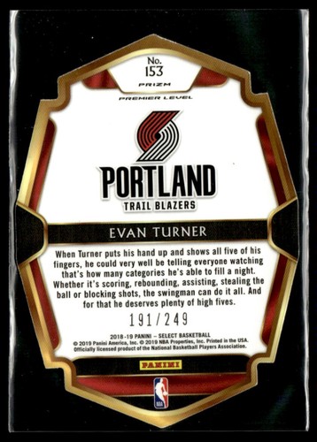 2018-19 Panini Select Blue Prizms Die Cut Evan Turner 191/249 #153 - Picture 2 of 2