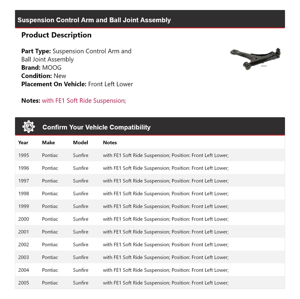 For 1995-2005 Pontiac Sunfire Control Arm Front Left Lower MOOG 1995 1996 1997 - Imagem 2 de 4