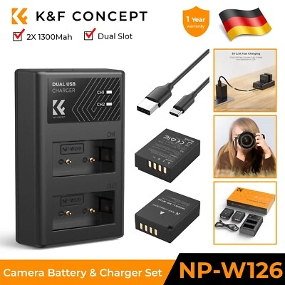 K&F Concept NP-W126 Kamera-Akku 2x 1300mAh mit Dual-Slot-Ladegerät für FUJIFILM