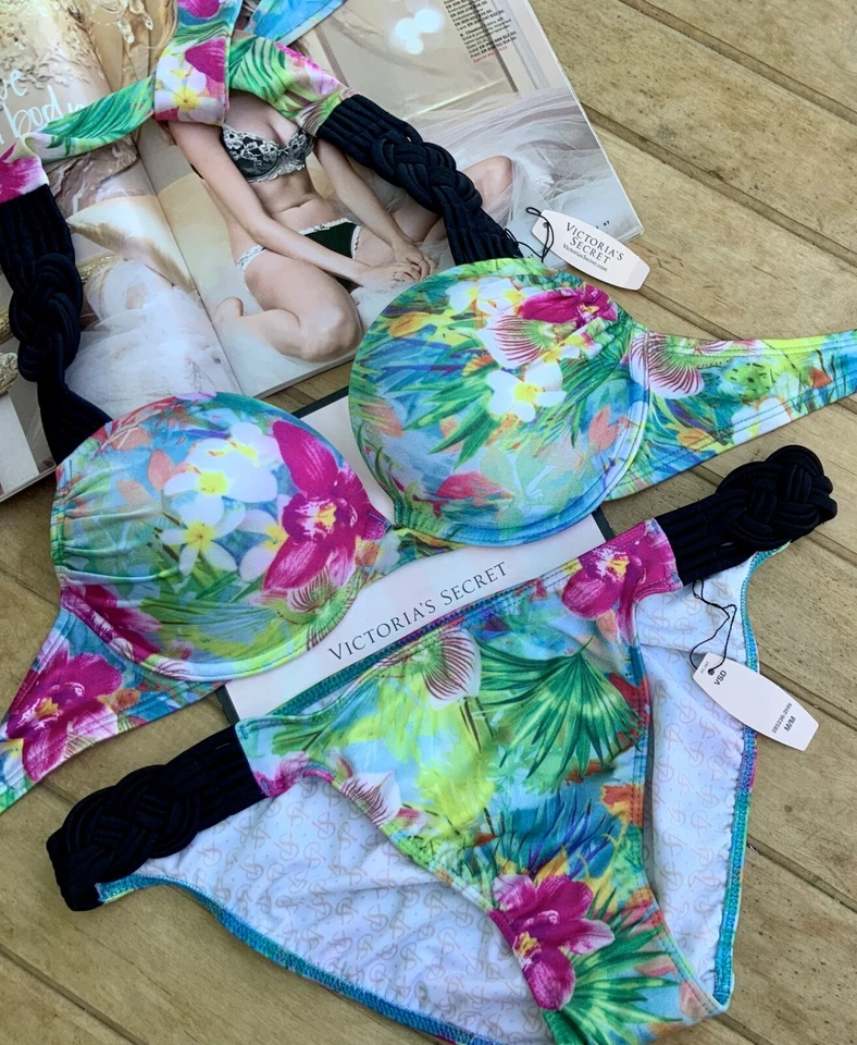 Victoria's Secret Floral Bombshell Miraculous Push Up Halter Conjunto de Bikini 34A/M EE. UU. Foto 4 de 4