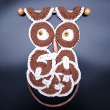 Macrame Crochet Owl Towel Holder Hanger MCM Googly Eyes Brown  White Vintage